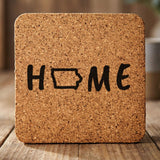 Iowa square cork coaster engraved with HOME using the state outline as the letter O