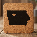 Iowa square cork coaster engraved with the state shape and a star