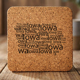 Iowa square cork coaster engraved with a word cloud of repeating Iowa text