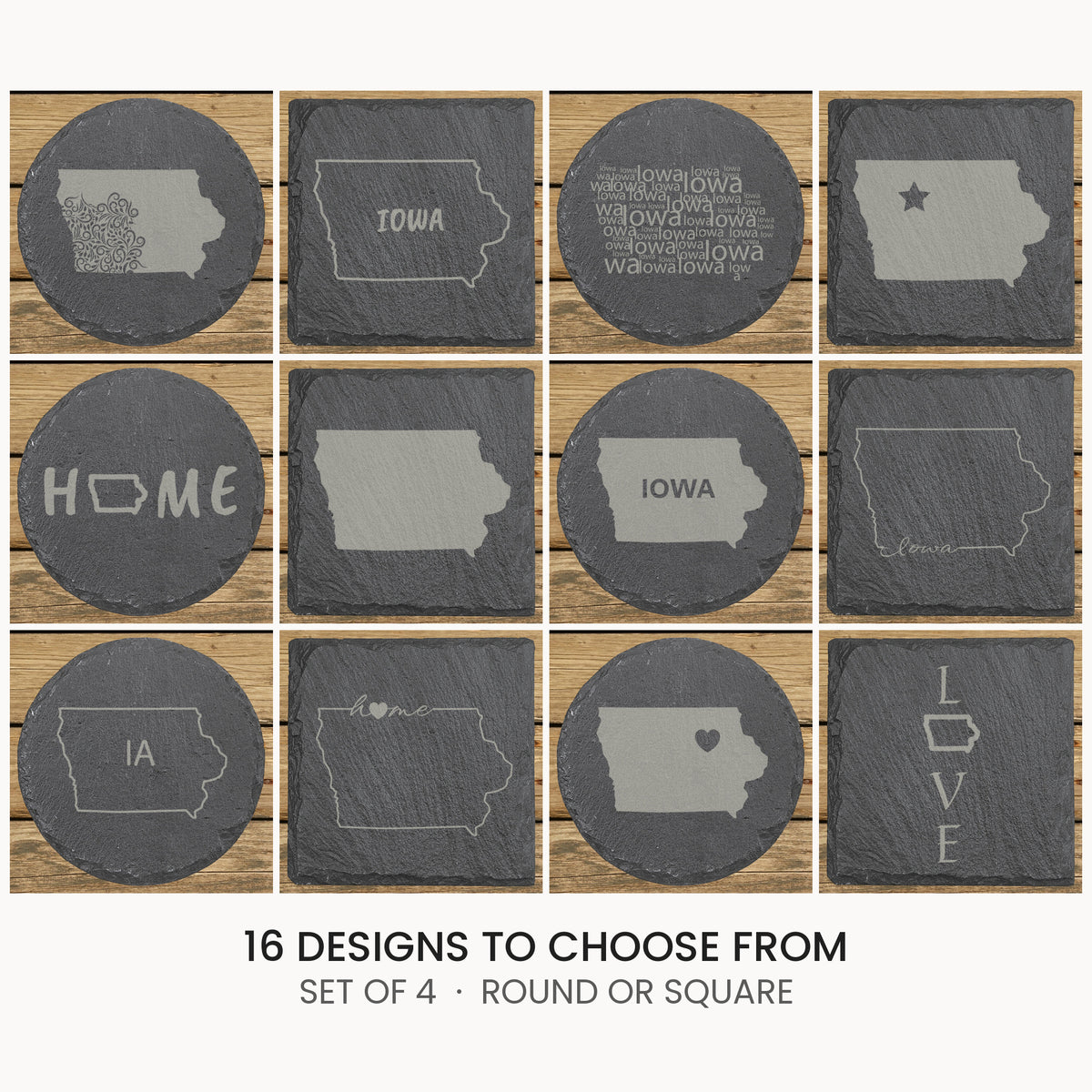 Iowa slate coaster set, laser engraved natural stone