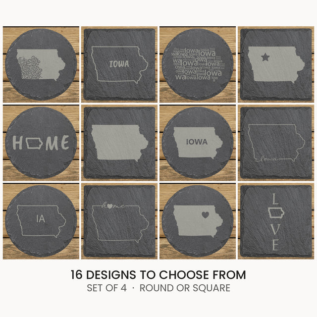 Iowa slate coaster set, laser engraved natural stone