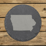 Iowa round slate coaster with the full state shape engraved