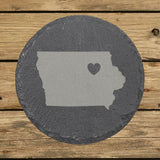 Iowa round slate coaster engraved with the state shape and a heart