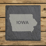 Iowa square slate coaster engraved with the state shape and IOWA in bold lettering
