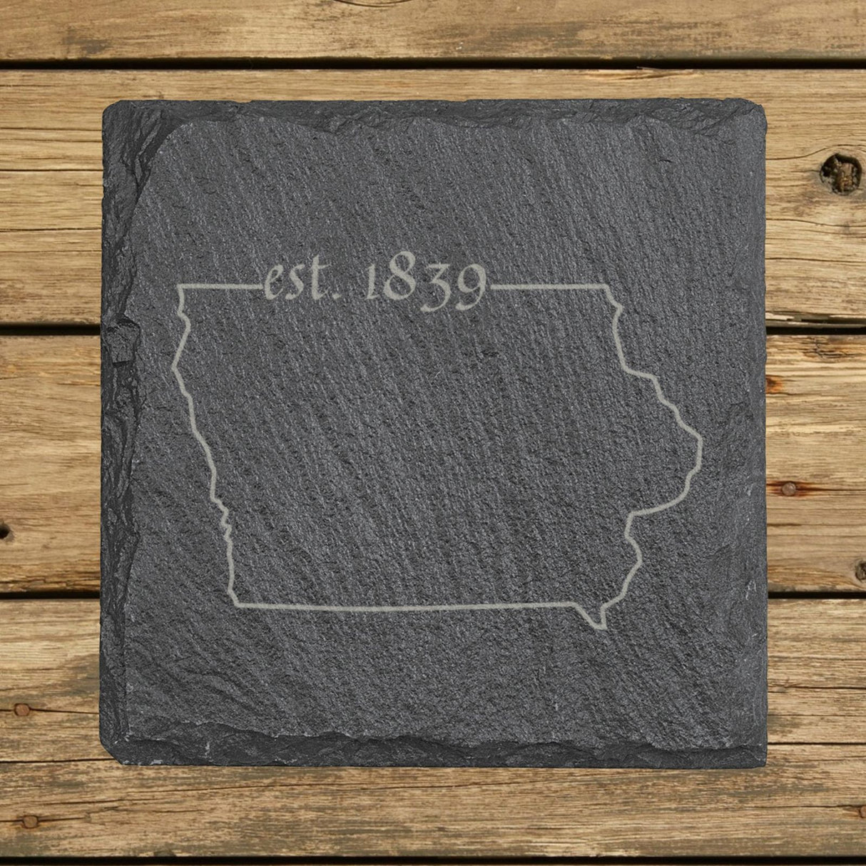 Iowa square slate coaster engraved with the state outline and est. 1839