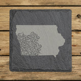 Iowa square slate coaster engraved with the state shape in ornate floral scrollwork