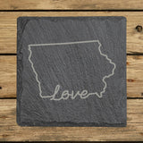 Iowa square slate coaster engraved with a hand-drawn state outline and love in cursive
