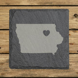 Iowa square slate coaster engraved with the state shape and a heart