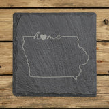 Iowa square slate coaster engraved with the state outline and home in script with a heart