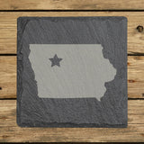 Iowa square slate coaster engraved with the state shape and a star