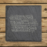 Iowa square slate coaster engraved with a word cloud of repeating Iowa text