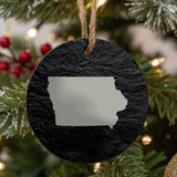 Iowa round slate Christmas ornament with the full state shape engraved