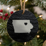 Iowa round slate Christmas ornament engraved with the state shape and a heart
