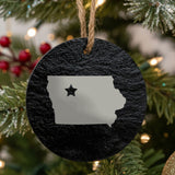 Iowa round slate Christmas ornament engraved with the state shape and a star
