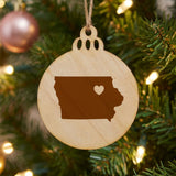 Iowa round wood Christmas ornament engraved with the state shape and a heart