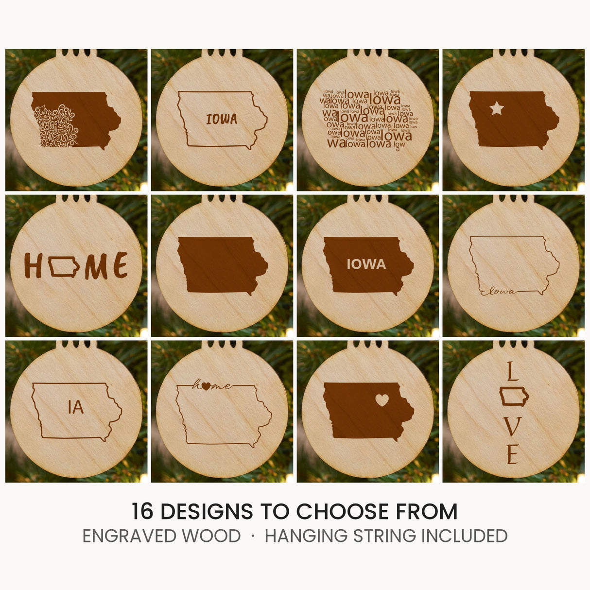 Iowa wood Christmas ornament, laser engraved natural wood