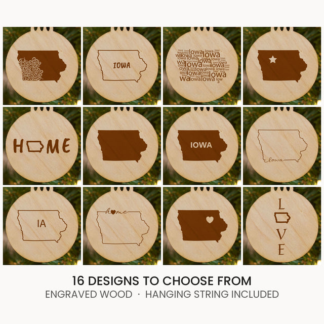 Iowa wood Christmas ornament, laser engraved natural wood