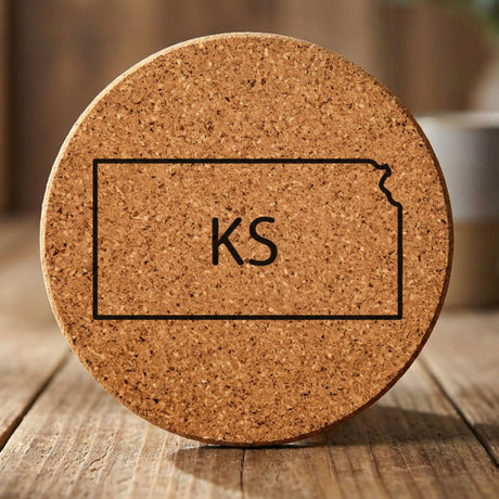 Kansas round cork coaster engraved with the state outline and KS initials