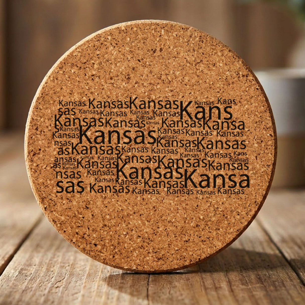 Kansas round cork coaster engraved with a word cloud of repeating Kansas text