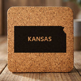 Kansas square cork coaster engraved with the state shape and KANSAS in bold lettering