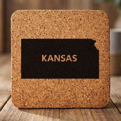 Kansas square cork coaster engraved with the state shape and KANSAS in bold lettering