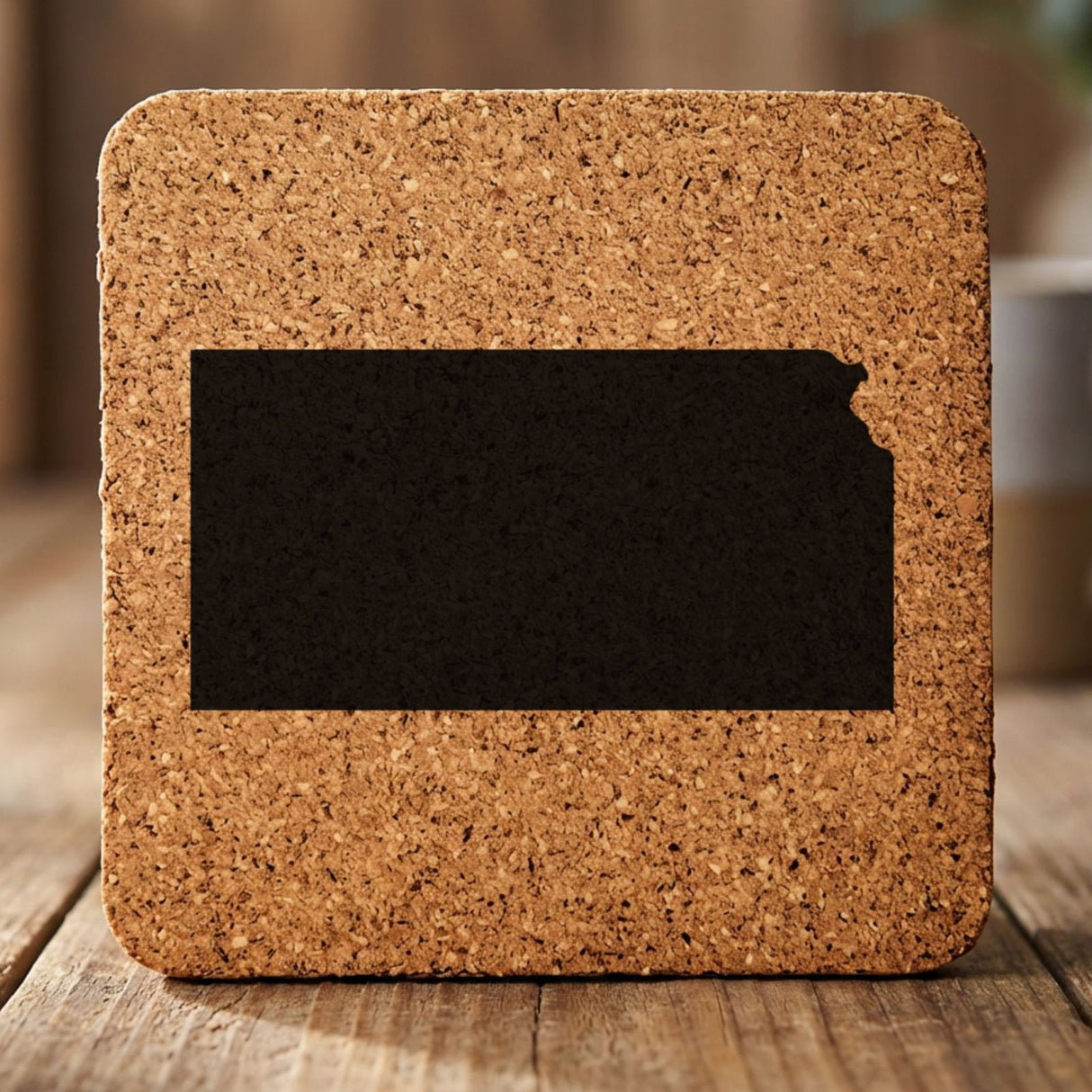 Kansas square cork coaster with the full state shape engraved