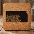 Kansas square cork coaster engraved with the state shape in ornate floral scrollwork