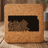 Kansas square cork coaster engraved with the state shape in ornate floral scrollwork