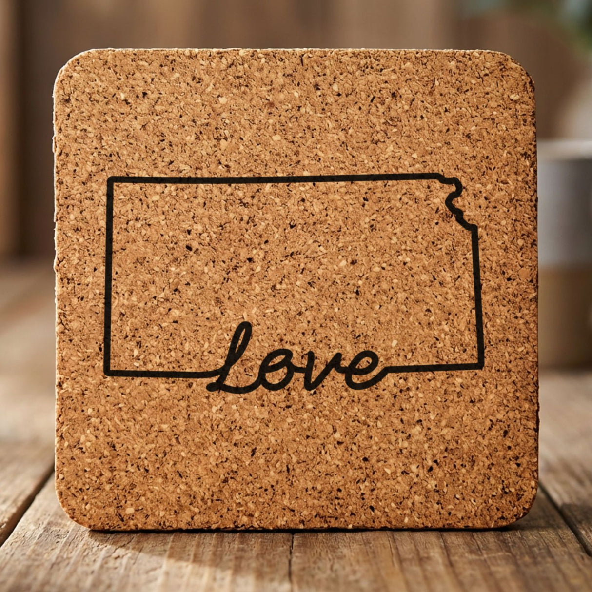 Kansas square cork coaster engraved with a hand-drawn state outline and love in cursive