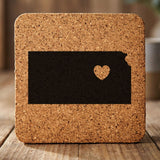 Kansas square cork coaster engraved with the state shape and a heart