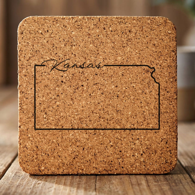 Kansas square cork coaster engraved with the state outline and Kansas in script lettering
