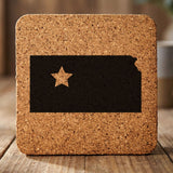 Kansas square cork coaster engraved with the state shape and a star