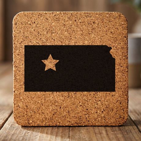 Kansas square cork coaster engraved with the state shape and a star