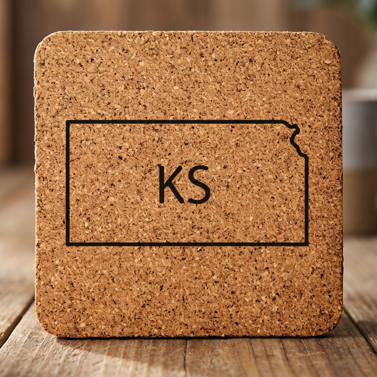 Kansas square cork coaster engraved with the state outline and KS initials