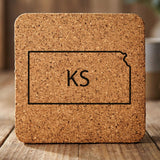 Kansas square cork coaster engraved with the state outline and KS initials