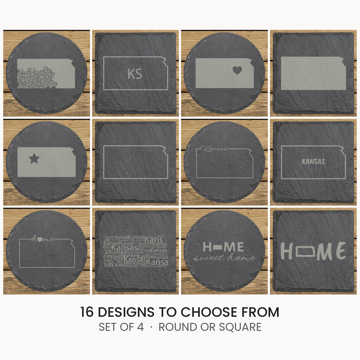 Kansas slate coaster set, laser engraved natural stone