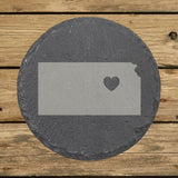 Kansas round slate coaster engraved with the state shape and a heart