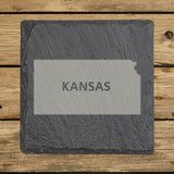 Kansas square slate coaster engraved with the state shape and KANSAS in bold lettering