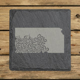 Kansas square slate coaster engraved with the state shape in ornate floral scrollwork