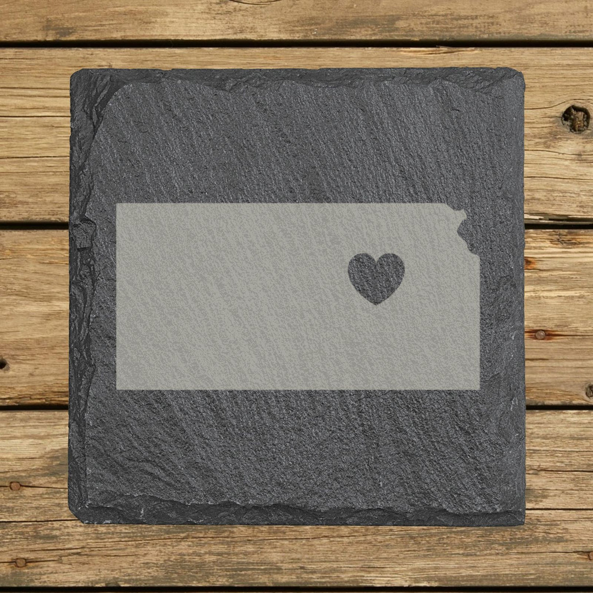 Kansas square slate coaster engraved with the state shape and a heart