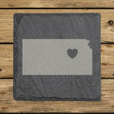 Kansas square slate coaster engraved with the state shape and a heart