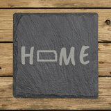 Kansas square slate coaster engraved with HOME using the state outline as the letter O