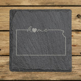 Kansas square slate coaster engraved with the state outline and home in script with a heart