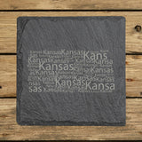 Kansas square slate coaster engraved with a word cloud of repeating Kansas text