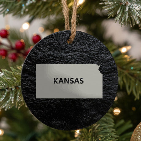Kansas round slate Christmas ornament engraved with the state shape and KANSAS in bold lettering