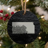 Kansas round slate Christmas ornament engraved with the state shape in ornate floral scrollwork