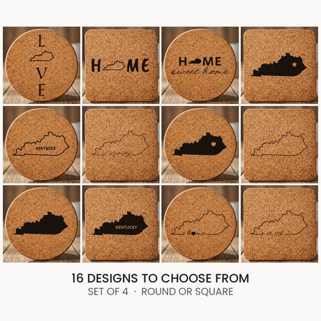 Kentucky cork coaster set, laser engraved natural cork