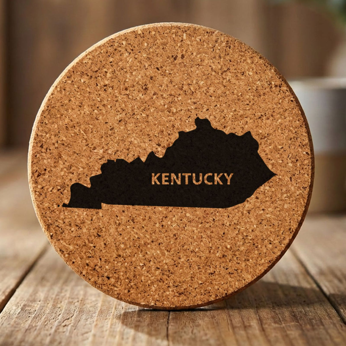 Kentucky round cork coaster engraved with the state shape and KENTUCKY in bold lettering