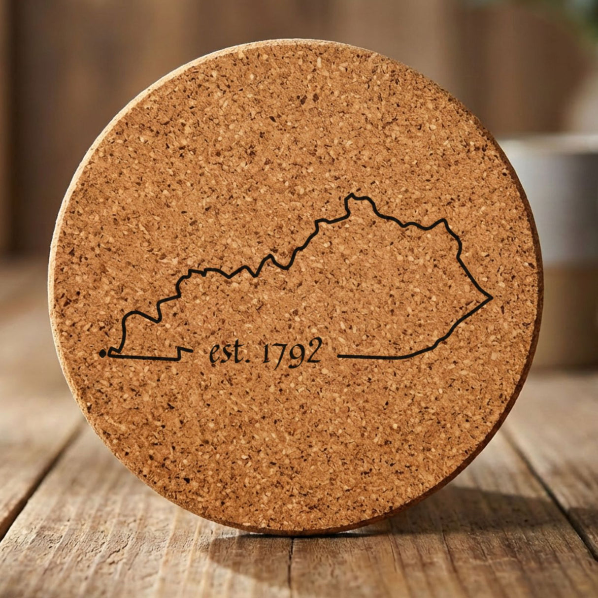Kentucky round cork coaster engraved with the state outline and est. 1792