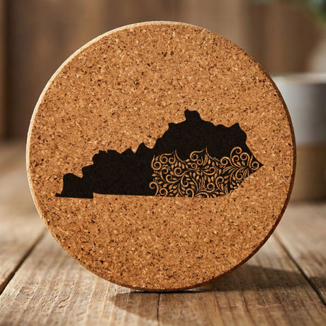 Kentucky round cork coaster engraved with the state shape in ornate floral scrollwork